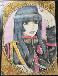  1girl black_eyes blue_hair blunt_bangs commentary_request highres hime_cut hypnosis_mic jacket kotonohatoh_uniform long_hair long_sleeves looking_at_viewer makeup necoluka sketch solo tohoten_otome upper_body 