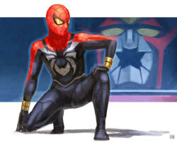  1boy bodysuit bracelet faux_retro_artstyle hand_on_own_knee jewelry leopardon marvel mask mecha nakamura_takeshi on_one_knee retro_artstyle robot spider-man spider-man_(series) spider-man_(toei) spider-man_logo superhero_costume toei_company western_comics_(style) 