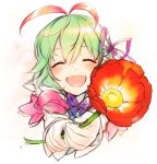  1girl ^_^ akiyoshi_haru antennae blush bowtie closed_eyes fingernails flower foreshortening green_hair hair_between_eyes hair_ribbon happy kohaku_(rune_factory) open_mouth ribbon rune_factory rune_factory_4 short_hair short_sleeves solo 