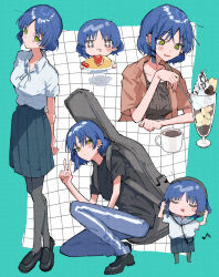  1girl black_pantyhose black_shirt black_skirt blue_hair blue_pants blue_skirt blush bocchi_the_rock! chibi closed_eyes closed_mouth collared_shirt cup denim ear_piercing earrings food full_body green_eyes guitar_case highres holding holding_cup holding_spoon instrument_case jacket jeans jewelry loafers looking_at_viewer mole mole_under_eye mug multiple_views neck_ribbon omelet omurice open_mouth pants pants_under_skirt pantyhose parfait piercing pleated_skirt ribbon school_uniform scripco shimokitazawa_high_school_uniform shirt shirt_tucked_in shoes short_hair short_sleeves skirt smile spoon standing v white_shirt yamada_ryo yellow_eyes 