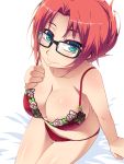  1girl alternate_hairstyle aqua_eyes bespectacled bra breasts cleavage collarbone flower glasses hair_up hand_on_own_chest hayashi_custom highres hong_meiling large_breasts looking_at_viewer panties pink_rose red_bra red_panties redhead rose sitting sitting_on_bed smile solo touhou underwear underwear_only 