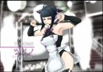  1girl \m/ ahoge apron bare_shoulders black_hair dancing detached_sleeves halterneck han_juri headset idol leotard nasunasunasubi solo street_fighter thighhighs translation_request violet_eyes 