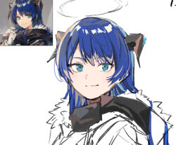  1girl arknights blue_eyes blue_hair commentary_request halo horns long_hair mostima_(arknights) nanami_(nunnun_0410) reference_inset simple_background solo unfinished upper_body white_background 