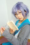  blue_hair book cardigan cosplay glasses kneehighs koubou_tokori nagato_yuki photo sailor_uniform school_uniform suzumiya_haruhi_no_yuuutsu 