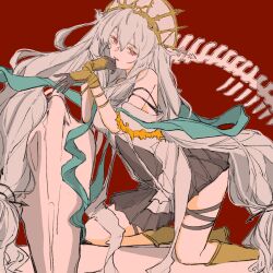  1girl ahoge animal_skeleton aqua_ribbon arknights black_dress black_gloves braid commentary_request dress feet_out_of_frame from_side front_ponytail gloves hand_on_own_face head_tilt headdress highres kneeling long_hair looking_at_viewer low-tied_long_hair off-shoulder_dress off_shoulder red_background red_eyes ribbon shishamo_(ekmei4) short_dress skadi_(arknights) skadi_the_corrupting_heart_(arknights) skadi_the_corrupting_heart_(sublimation)_(arknights) smile solo twintails very_long_hair white_hair 