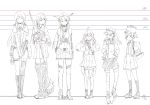  6+girls ahoge ankle_boots bare_shoulders boots bow_(weapon) chikuma_(kantai_collection) closed_eyes elbow_gloves glasses gloves hairband hat headgear height_chart height_difference high_heels japanese_clothes kantai_collection kawashina_(momen_silicon) knee_boots long_hair makigumo_(kantai_collection) multiple_girls nagato_(kantai_collection) ooshio_(kantai_collection) open_mouth rough ryuujou_(kantai_collection) school_uniform short_twintails shoukaku_(kantai_collection) skirt sleeves_past_wrists smile spot_color suspenders thigh_boots thighhighs twintails visor_cap weapon 