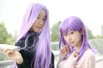  camisole cardigan cosplay fate/stay_night glasses hair_ribbons matou_sakura minato_misa photo purple_hair rider turtleneck yoshishige_yutaka 