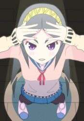 1girl arms_up black_hair blue_skirt canon_event commentary_request from_above full_body hairband hands_on_own_head highres kaki111222 kitsu_chiri light_blush long_hair long_sleeves neck_ribbon open_mouth parted_bangs red_ribbon ribbon sailor_collar sailor_shirt sayonara_zetsubou_sensei scene_reference school_uniform serafuku shirt shoes skirt solo spotlight standing violet_eyes yellow_hairband 