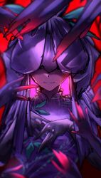  1girl closed_mouth covered_eyes disembodied_hand dress facing_ahead facing_viewer gloves gy9vxciahg25405 hands_up highres leaf_print own_hands_together purple_dress purple_gloves purple_theme red_background smile solo straight-on touhou upper_body yomotsu_hisami 