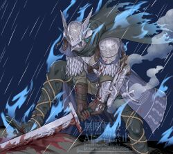  1boy arizuka_(catacombe) armor black_pants blood blood_on_weapon blue_fire brown_gloves chainmail cloak commentary_request elden_ring elden_ring_nightreign fire full_body gloves green_cloak helmet holding holding_sword holding_weapon male_focus pants pauldrons rain scale_armor shoulder_armor solo sword torn_cloak torn_clothes watermark weapon winged_helmet wylder_(elden_ring) 