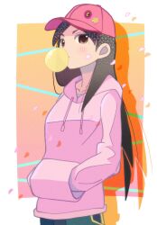  1girl baseball_cap black_hair blowing_bubble_gum border brown_eyes chewing_gum commentary_request drawstring drop_shadow falling_petals hands_in_pockets hat hat_ornament highres hood hood_down hoodie kaki111222 kitsu_chiri light_blush long_hair long_sleeves looking_at_viewer orange_background outside_border petals pink_hat pink_hoodie pink_petals sayonara_zetsubou_sensei solo star_(symbol) star_hat_ornament upper_body white_border 