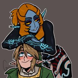  1boy 1girl black_skin blue_skin blush colored_sclera colored_skin couple eyeshadow front_ponytail gonzo_(jgonzohasbigdum) grey_skin highres link makeup midna midna_(true) multicolored_skin orange_hair purple_eyeshadow purple_lips the_legend_of_zelda the_legend_of_zelda:_twilight_princess two-tone_skin yellow_sclera 