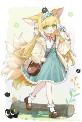  1girl absurdres animal_ears arknights black_cat blonde_hair cat commentary_request flower fox_ears fox_girl fox_tail frilled_hairband frills green_eyes hairband heixiu highres holding holding_flower kitsune long_hair long_sleeves luo_xiaohei luo_xiaohei_(cat) multiple_tails official_alternate_costume open_clothes partial_commentary red_ribbon ribbon shishiodoshi shoes skirt socks suzuran_(arknights) suzuran_(spring_praise)_(arknights) tail 