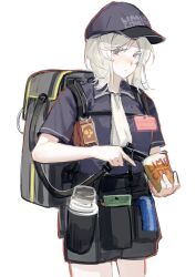  1girl baseball_cap black_hat black_shirt black_shorts blue_eyes closed_mouth collared_shirt cowboy_shot cup faust_(project_moon) harume_neko hat highres holding holding_cup limbus_company looking_at_viewer pocket project_moon shirt short_hair shorts simple_background solo staring towel white_background white_hair 