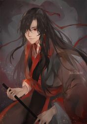  1boy artist_name black_hair black_hanfu chenqing_flute chinese_clothes dizi english_commentary fighting_stance flute grandmaster_of_demonic_cultivation hair_down hair_over_one_eye hair_ribbon half_updo hanfu holding holding_flute holding_instrument holding_weapon instrument long_hair long_sleeves looking_at_viewer male_focus official_alternate_hairstyle parted_lips red_eyes red_ribbon red_sash ribbon robe sash sidelocks silverink58 smile solo transverse_flute twitter_username weapon wei_wuxian wei_wuxian_(yiling_laozu) wide_sleeves 