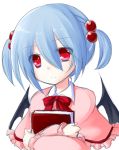  1girl bat_wings blue_hair book dress hair_bobbles hair_ornament holding holding_book looking_at_viewer oni_musume_(yume_2kki) red_eyes sketch solo twintails wings yume_2kki 