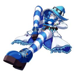  1girl absurdres belt blue_garter_straps blue_hair blue_hat blue_leotard blue_shoes braid braided_twintails breasts closed_mouth coat coke-bottle_glasses colored_sclera colored_skin eyewear_on_headwear garter_straps glasses grey_sclera grey_skin hat heart highres large_breasts leotard nogame_kun non-web_source round_eyewear shoes sideboob smile socks_agency solo striped_clothes striped_thighhighs test_tube test_tube_holster thigh-highs thighs transparent_background twin_braids virtual_youtuber white_coat witch_hat yellow_eyes yomi_quinnley 