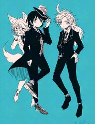  3girls alternate_costume animal_ears blue_background closed_mouth collared_shirt commentary_request cowboy_hat crossdressing crossdressing_(ftm) fox_ears fox_girl fox_shadow_puppet fox_tail full_body gloves greyscale_with_colored_background hand_on_headwear hat himemushi_momoyo itomugi-kun jacket kudamaki_tsukasa kurokoma_saki long_hair long_sleeves looking_at_viewer multiple_girls necktie pants shirt shoes suit suit_jacket suit_pants tail touhou 