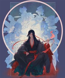  1boy 4girls ahoge black_boots black_hair black_hanfu boots chenqing_flute chinese_clothes coat collarbone colored_smoke dizi dress earrings flower flute flute_tassel full_body ghost grandmaster_of_demonic_cultivation grey_coat hagoromo hair_bun hair_down hair_flower hair_ornament hair_ribbon hair_rings half_updo hand_up hanfu highres holding holding_flute holding_instrument instrument jewelry kahei_usagi long_hair long_sleeves looking_at_viewer male_focus multiple_girls necklace off_shoulder official_alternate_costume official_alternate_hairstyle open_clothes open_coat parted_bangs parted_lips pectoral_cleavage pectorals qixiong_ruqun red_eyes red_ribbon red_sash ribbon robe sash shawl sidelocks sitting smile smoke solo_focus tassel transverse_flute very_long_hair wei_wuxian wei_wuxian_(yiling_laozu) wide_sleeves 