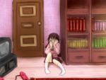  1girl bookshelf braid brown_hair hand_on_own_face indoors madotsuki nabuta375 room sitting skirt solo tears television turtleneck twin_braids wiping_tears yume_nikki 