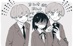  1boy 1girl absurdres anger_vein bowl_cut cellphone chibi collared_shirt empty_eyes futsuu_no_keion-bu hatono_chihiro highres holding holding_phone jacket kanminec0 medium_hair neck_ribbon necktie phone ribbon school_uniform shirt smartphone star_(symbol) takami_kouki translation_request 