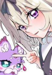  2girls black_dress commentary_request daifuku_momiji dress green_eyes grey_hair hair_between_eyes highres mashu-tan meitantei_precure! moria_luluka multiple_girls open_mouth precure purple_fur simple_background solo upper_body v violet_eyes white_background 