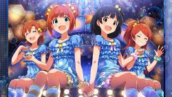  4girls :d ^_^ ahoge aqua_eyes black_hair blue_shirt braid braided_bun brown_eyes card_commentary closed_eyes commentary_request double_bun frilled_shirt frills game_asset grin hair_bun hair_ornament holding_hands idolmaster idolmaster_(classic) idolmaster_million_live! idolmaster_million_live!_theater_days kneehighs long_hair looking_at_viewer multiple_girls nakatani_iku official_alternate_costume official_art ogami_tamaki one_side_up open_mouth orange_hair oyasumi_pajama_(idolmaster) pajamas print_shirt scrunchie shirt short_hair short_sleeves smile socks star_(symbol) star_hair_ornament star_print striped_clothes striped_socks takatsuki_yayoi third-party_source wrist_scrunchie yabuki_kana 