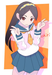  1girl black_hair blue_hairband blue_sailor_collar blue_skirt border brown_eyes character_name closed_mouth commentary cowboy_shot double_v drop_shadow hairband hands_up highres kaki111222 kitsu_chiri light_blush long_hair long_sleeves looking_at_viewer multicolored_hairband neckerchief orange_background orange_neckerchief outside_border polka_dot_hairband sailor_collar sailor_shirt sayonara_zetsubou_sensei school_uniform serafuku shirt skirt smile solo two-tone_hairband v white_border white_shirt yellow_hairband 