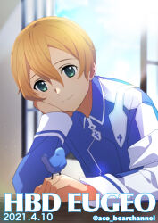  1boy aco_(bearchannel) animal aqua_eyes artist_name bird bird_on_hand birthday birthday_date blonde_hair blue_bird blue_jacket collared_jacket dated double-parted_bangs eugeo hair_between_eyes highres indoors jacket leaning_forward long_sleeves looking_at_animal looking_at_viewer male_focus multicolored_jacket open_mouth open_window short_hair sidelocks sitting solo sword_art_online sword_art_online:_alicization twitter_username two-tone_jacket upper_body white_jacket window wing_collar 