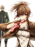  1boy 1girl brown_eyes brown_hair eating food jacket keith_shadis meat ponytail rakugakiii sasha_browse shingeki_no_kyojin 