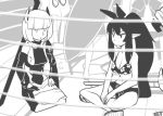  2girls animal_ears asymmetrical_clothes bikini bob_cut bow breasts cleavage eric_muentes floral_print hair_bow hairband indian_style long_hair monochrome multiple_girls phantasy_star_online_2 pointy_ears ponytail single_sleeve sitting swimsuit very_long_hair 