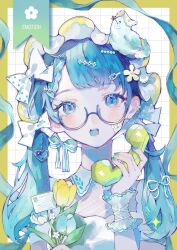  1girl absurdres aegyo_sal animal_on_head bird bird_on_head blue_eyes blue_flower blue_hair blue_nails blue_tongue blue_tulip border braid braided_bangs colored_tongue cool_colors earrings flower glasses hair_flower hair_ornament hairclip hand_up heart highres holding holding_flower holding_phone jewelry long_hair looking_at_viewer low_twintails nail_polish nekome_toworu on_head open_mouth original phone solo tulip twintails upper_body white_flower wrist_cuffs yellow_flower yellow_nails yellow_tulip 