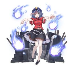  1girl artist_request black_shoes black_skirt breasts full_body game_asset hat hat_ornament hitodama jiangshi lace-trimmed_sleeves lace_trim loafers looking_at_viewer medium_breasts miyako_yoshika navel newsboy_cap non-web_source official_art ofuda open_mouth outstretched_arms purple_hair purple_hat red_shirt self-datamine shirt shoes short_sleeves simple_background skirt solo sotoba star_(symbol) star_hat_ornament tombstone touhou touhou_arcadia_record transparent_background violet_eyes zombie_pose 