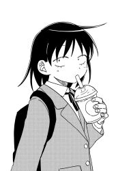  1girl absurdres ahoge backpack bag collared_shirt commentary_request cup disposable_cup drinking_straw futsuu_no_keion-bu greyscale hatono_chihiro highres holding holding_cup ikihaji jacket medium_hair monochrome neck_ribbon ribbon school_uniform shirt solo 