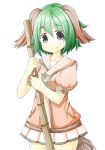  1girl animal_ears bamboo_broom broom ellipsis_(artist) green_eyes green_hair kasodani_kyouko layered_dress looking_at_viewer pleated_skirt puffy_short_sleeves puffy_sleeves short_hair short_sleeves simple_background skirt smile solo tail touhou white_background 