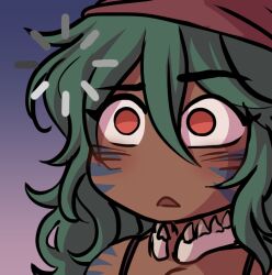 artist_request bandana bare_shoulders blue_background body_markings brown_bandana chibi confused dark-skinned_female dark_skin gradient_background hair_between_eyes loading_icon long_hair messy_hair no_nose open_mouth orange_eyes original pink_background raised_eyebrow shark_girl shark_tooth terrip_(wolfblade) tiger_shark 