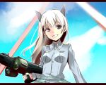 1girl animal_ears black_eyes breasts eila_ilmatar_juutilainen letterboxed long_hair military military_uniform richard silver_hair sketch smile solo strike_witches uniform weapon 