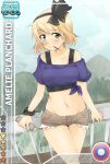  1girl amelie_planchard blonde_hair blue_eyes blush character_name collarbone crescent earrings hair_ribbon hatsumi_nekuta jewelry midriff mountain mouth_hold navel pocky ribbon scrunchie short_hair short_shorts shorts smile solo star strike_witches undershirt 
