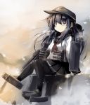  1girl akatsuki_(kantai_collection) black_eyes black_hair black_legwear breath cannon clouds cloudy_sky flat_cap hat kantai_collection long_hair long_sleeves pantyhose personification sakaki_(noi-gren) school_uniform serafuku shipyard sitting skirt sky sunlight torpedo turret 