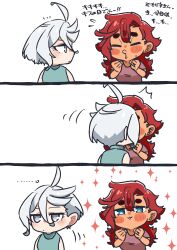  ... 2girls absurdres ahoge be_go_ichi blue_eyes blue_shirt commentary_request grey_eyes grey_hair gundam gundam_suisei_no_majo highres jewelry kiss long_hair miorine_rembran multiple_girls purple_shirt red_hair ring shirt short_hair simple_background sleeveless sleeveless_shirt sparkle suletta_mercury thick_eyebrows wedding_ring white_background wife_and_wife yuri 