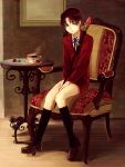  blue_eyes brown_hair chair cup fate/zero fate_(series) gem hisakinin shorts sitting staff steam teacup toosaka_tokiomi young 