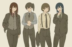  4girls adjusting_cuffs akagi_(kancolle) alternate_costume black_jacket black_necktie black_pants blue_eyes blue_hair blue_shirt brown_eyes brown_hair closed_mouth collared_shirt commentary_request dress_shirt green_shirt grey_vest hand_up highres hiryuu_(kancolle) jacket kaga_(kancolle) kantai_collection lapels looking_at_viewer looking_to_the_side medium_hair multiple_girls necktie pants red_shirt sabisuke_00up00 shirt short_hair side_ponytail simple_background smile souryuu_(kancolle) suit suit_jacket suit_pants suspenders unworn_jacket vest waistcoat white_background yellow_eyes 