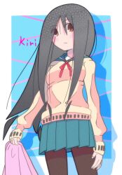  1girl black_hair black_pantyhose blue_background blue_sailor_collar blue_skirt border brown_eyes character_name closed_mouth commentary drop_shadow highres holding kaki111222 komori_kiri light_blush long_hair long_sleeves looking_at_viewer neck_ribbon outside_border pantyhose red_ribbon ribbon sailor_collar sayonara_zetsubou_sensei school_uniform serafuku skirt solo sweater very_long_hair white_border yellow_sweater 