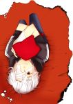  1boy bandage_over_one_eye brown_eyes eyepatch fate/zero fate_(series) highres hoodie kimura_shiki matou_kariya on_bed pillow solo upside-down white_hair 