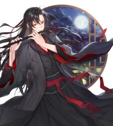  1boy ahoge bishounen black_hair black_hanfu chenqing_flute chinese_clothes clouds coat cowboy_shot dizi floating_hair flute flute_tassel full_moon grandmaster_of_demonic_cultivation grey_coat hair_between_eyes hair_down hair_ribbon half_updo hands_up hanfu highres holding holding_flute holding_instrument indoors instrument long_hair long_sleeves looking_at_viewer male_focus moon night official_alternate_costume official_alternate_hairstyle open_clothes open_coat parted_bangs parted_lips playing_flute playing_instrument red_eyes red_ribbon red_sash ribbon robe round_window sash sidelocks simple_background sky solo standing tassel transverse_flute very_long_hair wei_wuxian wei_wuxian_(yiling_laozu) white_background wide_sleeves window zn_rock 