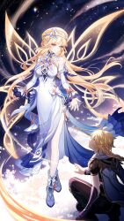  1boy 1girl aether_(genshin_impact) ahoge bare_shoulders black_pants blonde_hair blue_eyes bow braid braided_ponytail breasts closed_mouth commentary_request detached_sleeves dress earrings full_body genshin_impact highres jewelry long_hair looking_at_another medium_breasts michi_(iawei) nicole_(genshin_impact) outstretched_arm pants red_bow shoes sleeveless sleeveless_dress smile squatting standing transparent_wings very_long_hair white_dress white_shoes white_sleeves wings yellow_eyes 