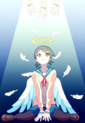  4girls :o angel angel_wings black_hair black_pantyhose blue_sailor_collar blue_skirt brown_hair brown_shoes commentary_request feathered_wings feathers full_body fuura_kafuka hair_ornament halo highres kaki111222 long_sleeves looking_up multiple_girls neck_ribbon open_mouth pantyhose reaching reaching_towards_another red_ribbon ribbon sailor_collar sayonara_zetsubou_sensei school_uniform serafuku shoes short_hair sitting skirt solo_focus spoilers spotlight sweater wariza white_wings wings x_hair_ornament yellow_halo yellow_sweater 