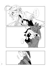  ... absurdly_long_hair absurdres ahoge dialogue dress drop-shaped_pupils focalors_(genshin_impact) frills furina_(genshin_impact) genshin_impact heterochromia highres holding_another's_arm long_hair long_sleeves looking_at_another lz1f_ds3 monochrome ouji_fashion shaded_face short_hair spoken_ellipsis surprised symbol-shaped_pupils translation_request very_long_hair white_dress yatsume_tsume 