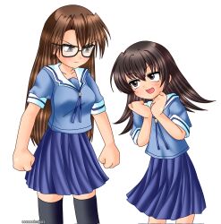  2girls angry azumanga_daioh azumanga_daioh's_school_uniform blue_jacket blue_skirt brown_eyes brown_hair commission glasses height_difference highres jacket long_hair looking_at_another mizuhara_koyomi multiple_girls nekotorine parody ryukishi07_(style) school_uniform skirt style_parody takino_tomo very_long_hair white_background 
