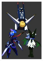  absurdres animal_hands archaludon arm_blade armor berry_(pokemon) blade_arm ceruledge choice_scarf claws colored_sclera colored_teeth eye_trail fire flaming_eyes focus_sash green_fur grey_background helmet highres light_trail meowscarada metal_skin pink_eyes pokemon pokemon_(creature) pokemon_focus purple_armor purple_fire purple_helmet red_teeth saiku_(zvlku) sitrus_berry standing violet_eyes weapon yellow_sclera 